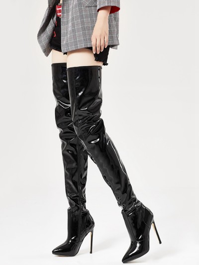 Black Patent Gothic Pointed Toe Stiletto Thigh High Boots