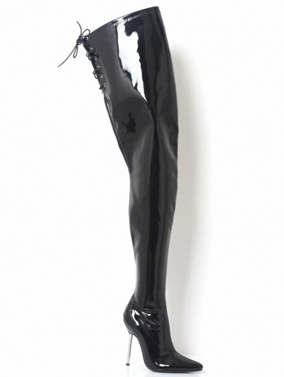 Black Gothic Patent Leather Side Zipper Thigh High Boots