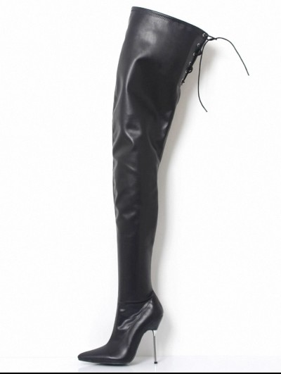 Black Gothic Matte Leather Side Zipper Thigh High Boots