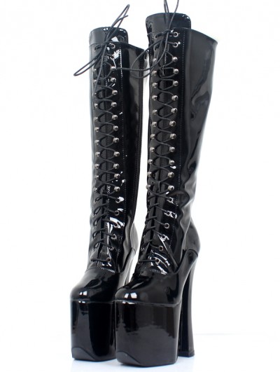 Black Gothic Platform Heeled Lace-Up Knee High Boots
