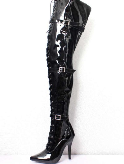 Black Gothic Pointy Stiletto Punk Patent Thigh High Boots