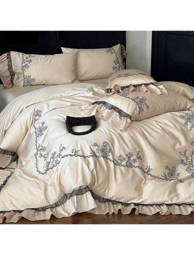 Ivory Gothic Luxurious Floral Embroidery Ruffle Comforter Set