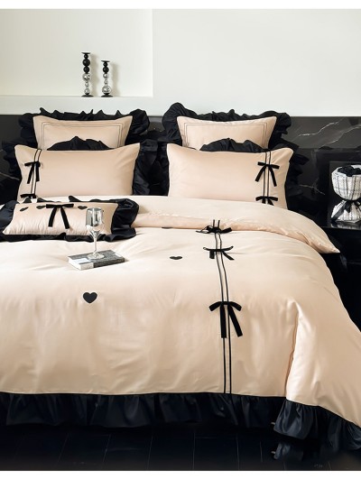 Milky Coffee Gothic Romantic Bow Heart Embroidered Comforter Set