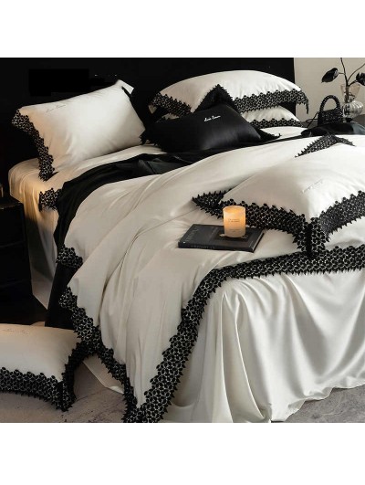 White and Black Lace Trim Luxury Comforter Set
