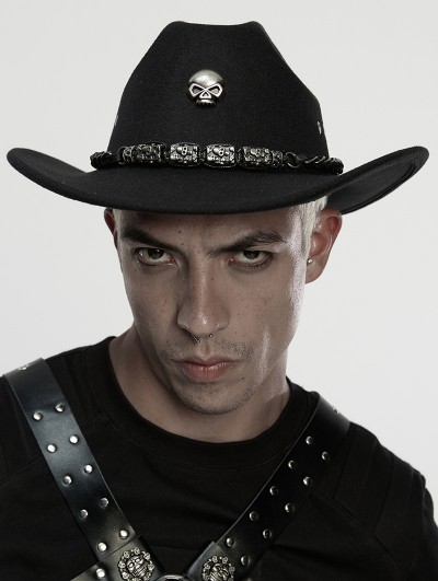Punk Rave Black Gothic Punk Skull Chain Stylish Cowboy Hat