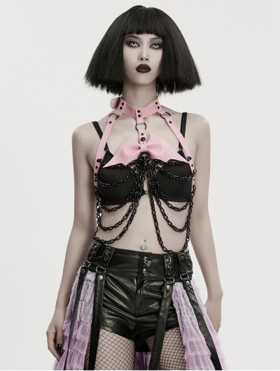 Punk Rave Black and Pink Gothic Punk Bat Bow Skull Chain Harness