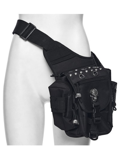 Punk Rave Black Gothic Skull Punk Techwear Rivet Waist-Leg Bag