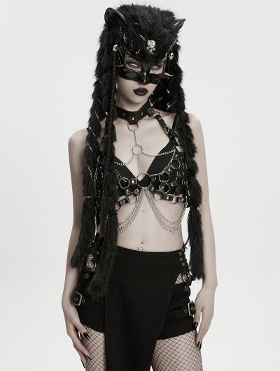 Punk Rave Black Gothic Punk Fox Head Braided Mask Hood