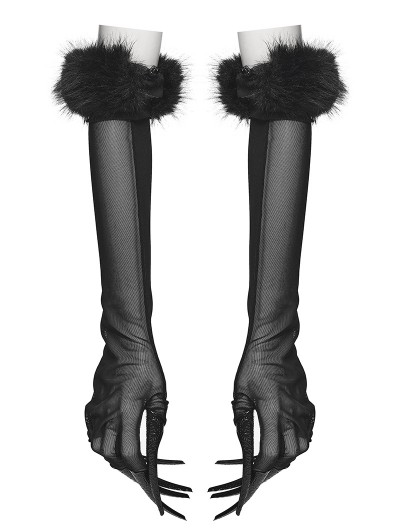 Punk Rave Black Fluffy Gothic Gloves with Detachable Cuffs