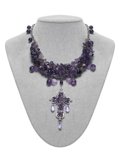 Punk Rave Violet Gothic Crystal Beaded Cross Pendant Necklace