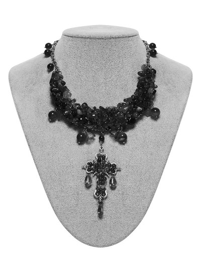 Punk Rave Black Gothic Crystal Beaded Cross Pendant Necklace