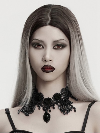 Punk Rave Black Noble Rose Lace Gothic Pendant Necklace
