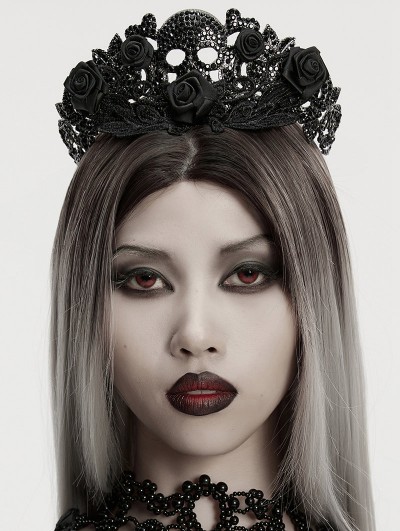 Punk Rave Black Gothic Rose Lace Skull Crown Headdress