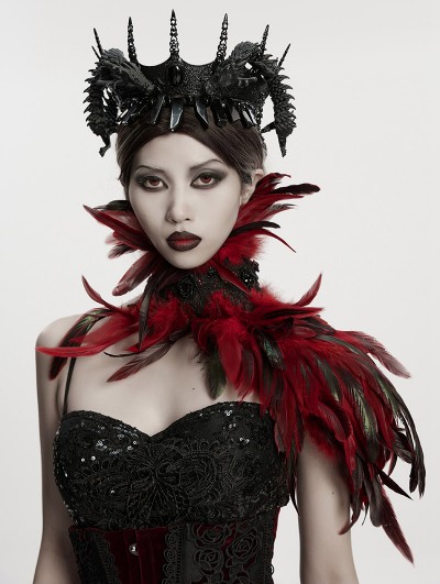 Punk Rave Black and Red Gothic Asymmetric Lace Feather Shawl