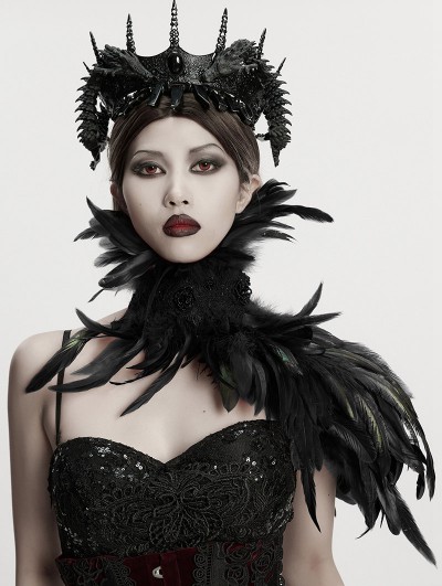 Punk Rave Black Gothic Asymmetric Lace Feather Shawl