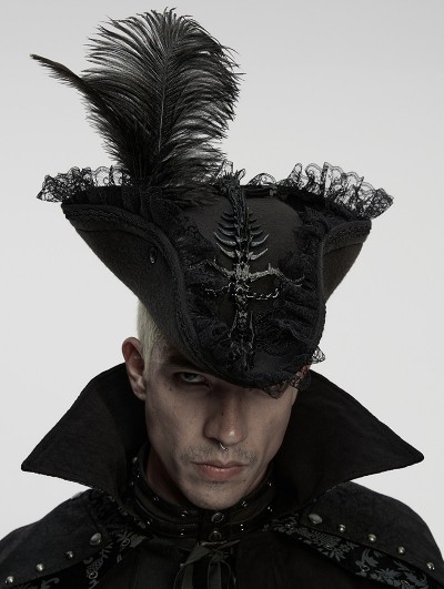 Punk Rave Black Gothic Skeleton Tricorn Feather Pirate Hat