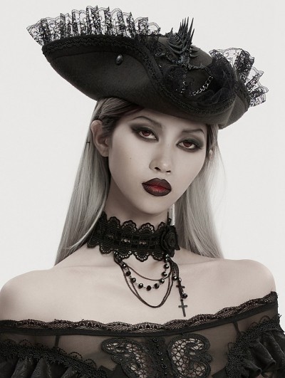 Punk Rave Black Gothic Rose Lace Beaded Chain Pendant Choker