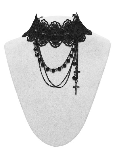 Punk Rave Black Gothic Rose Lace Beaded Chain Pendant Choker