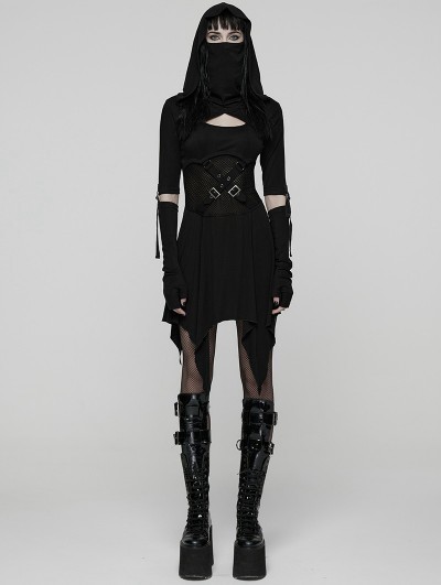 Punk Rave Black Gothic Punk Wasteland Cutout Hooded Face Mask Short Dress