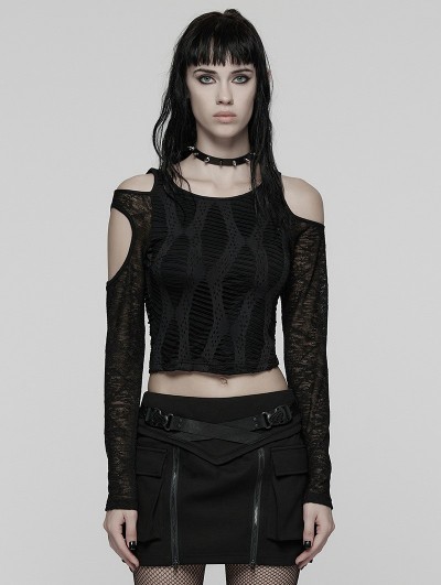 Punk Rave Black Gothic Daily Punk Irregular Hollow-Out Short T-Shirt for Women