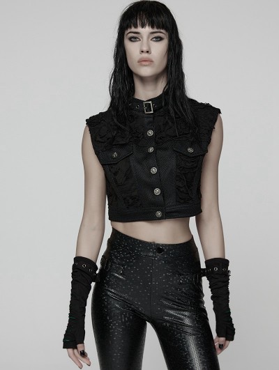 Punk Rave Black Gothic Cool Punk Short Stand Collar Vest Top for Women