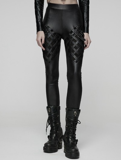 Punk Rave Black Gothic Punk Woven-Cross Panelled Leggings for Women