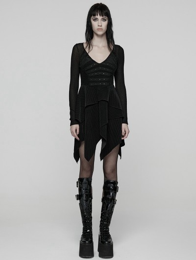 Punk Rave Black Gothic Punk Rivet Mesh Layered Irregular Dress