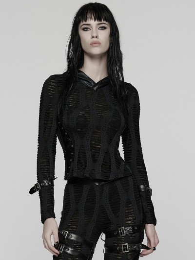 Punk Rave Black Gothic Decadent Punk Long Sleeve Hooded T-Shirt for Women