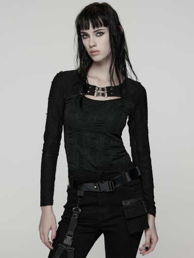 Punk Rave Black Gothic Punk Pleated Long Sleeve T-Shirt for Women