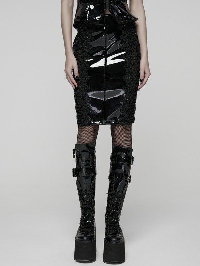 Punk Rave Black Gothic Lace Trim Patent Leather Midi Skirt