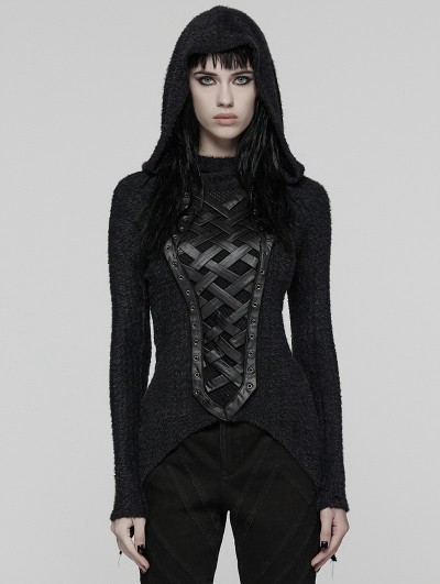 Punk Rave Black Gothic Punk Hooded Asymmetrical T-Shirt for Women