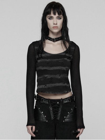 Punk Rave Black and Grey Gothic Punk Stripe Short T-shirt for Women