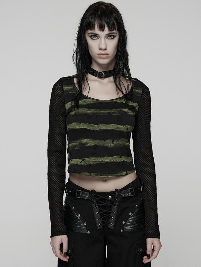 Punk Rave Black and Green Gothic Punk Stripe Short T-shirt for Women