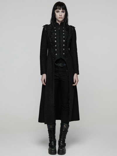 Punk Rave Black Retro Gothic Double-Breasted Woolen Long Coat for Women