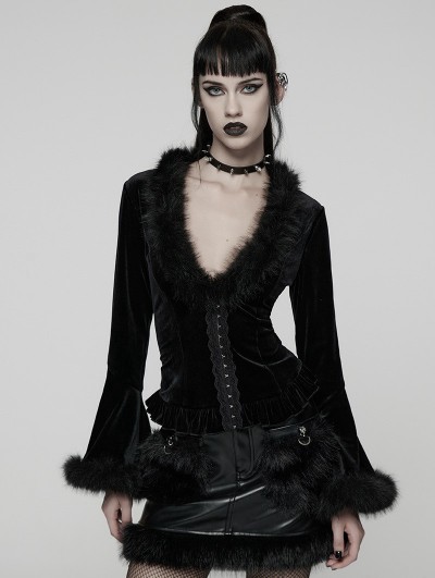 Punk Rave Black Gothic Furry V-Neck Velvet Cardigan for Women