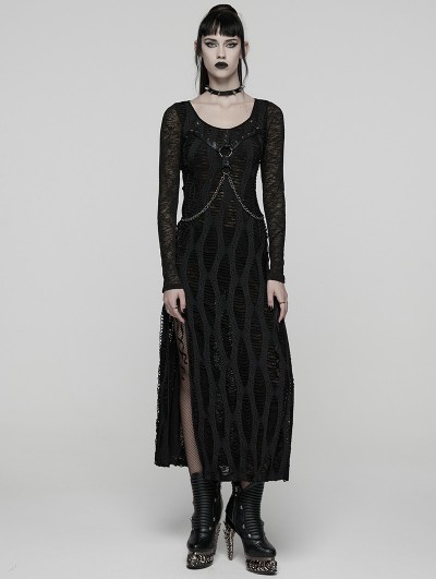Punk Rave Black Gothic Decadent Punk Style Slit Long Dress