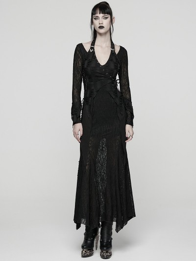 Punk Rave Black Gothic Punk Halterneck Asymmetric Long Dress
