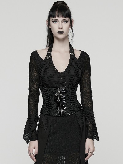 Punk Rave Black Gothic Cross Bat Patent Leather Corset Waistband