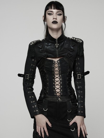 Punk Rave Black Gothic Punk Women's Cropped Jacket with Detachable Chain