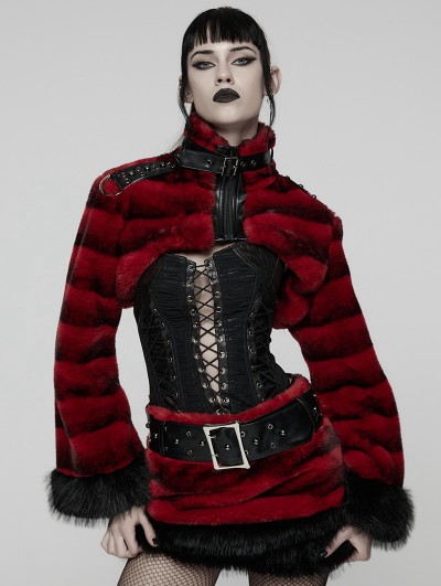 Punk Rave Black and Red Gothic Punk Striped Fluffy Fur Coat for Women