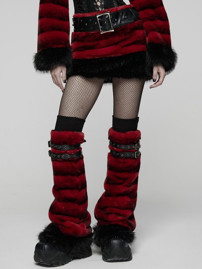 Punk Rave Black and Red Gothic Punk Striped Fluffy Fur Leg Warmers
