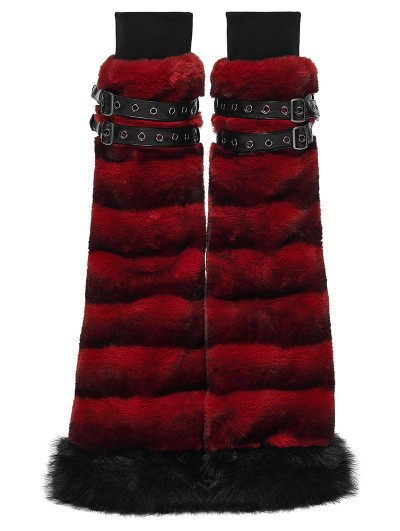 Punk Rave Black and Red Gothic Punk Striped Fluffy Fur Leg Warmers