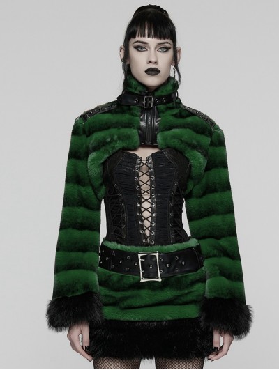 Punk Rave Black and Green Gothic Punk Striped Fluffy Fur Coat for Women