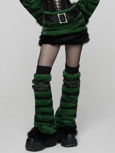Punk Rave Black and Green Gothic Punk Striped Fluffy Fur Leg Warmers