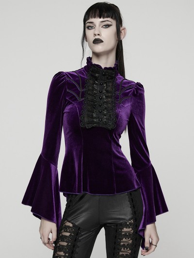 Punk Rave Violet Elegant Gothic Velvet Flared Sleeve Shirt for Women