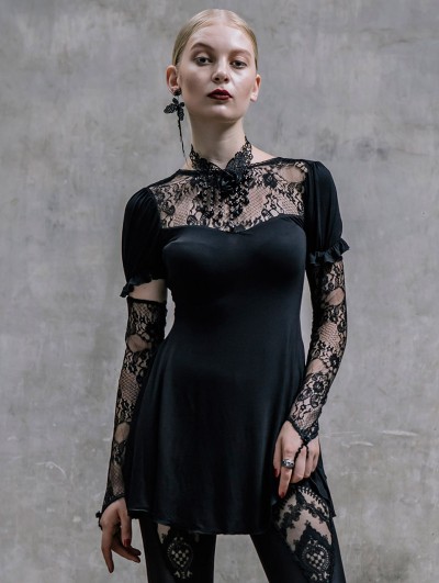 Devil Fashion Black Long Sleeves Lace Gothic Shirt for Women