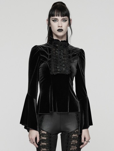 Punk Rave Black Elegant Gothic Velvet Flared Sleeve Shirt for Women