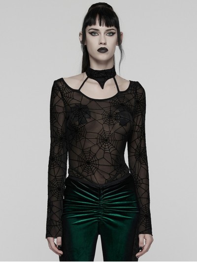 Punk Rave Black Sexy Gothic Spider Web Printed Mesh T-Shirt for Women