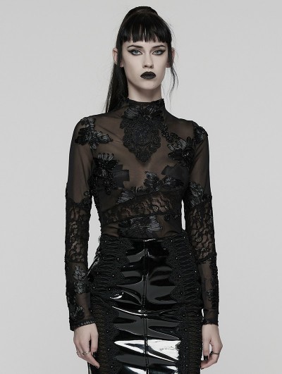 Punk Rave Black Sexy Gothic 3D Floral Mesh Lace Undershirt for Women