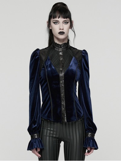 Punk Rave Black and Blue Retro Gothic Velvet Shirt for Women